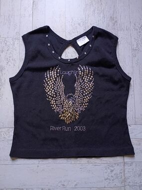 VTG Grunge Whimsygoth Black Studded Eagle Graphic Girls' Tank Top Sz S/M